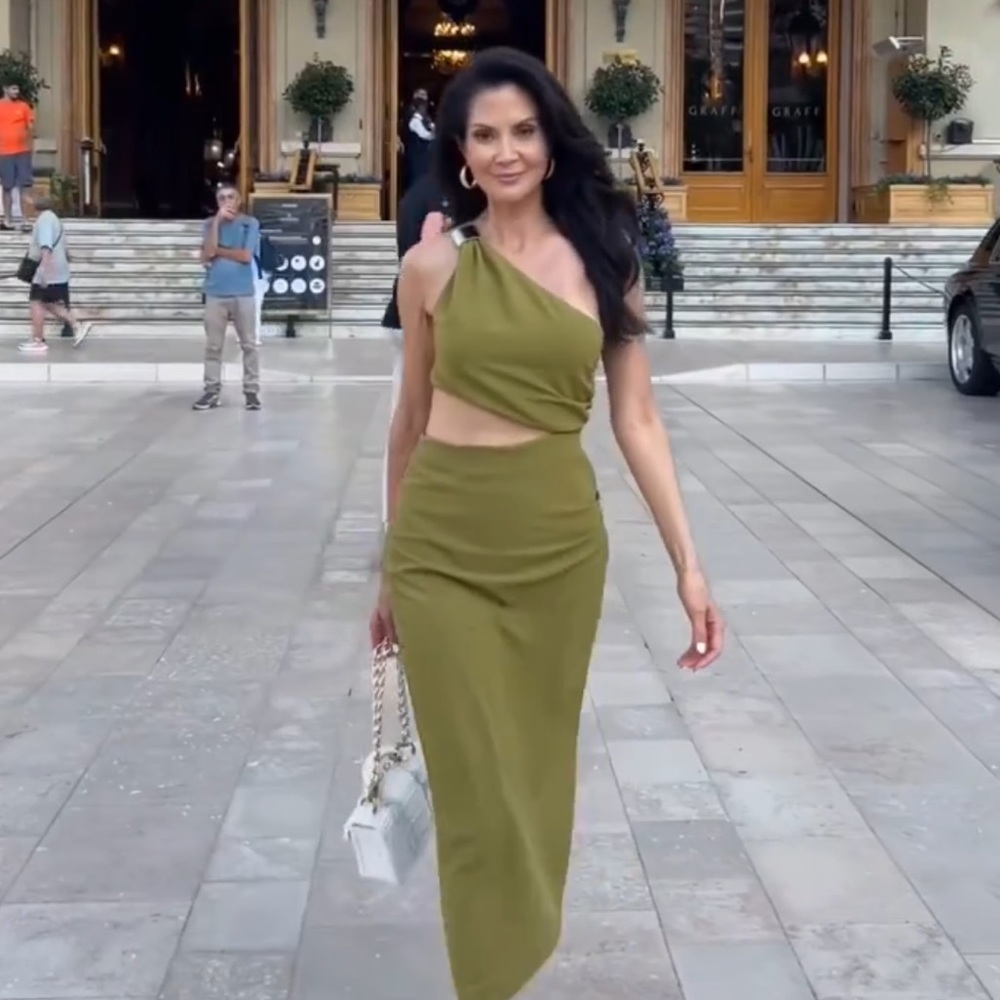 ZARA GOLD APPLIQUÉ ASYMMETRIC MIDI DRESS | OLIVE GREEN